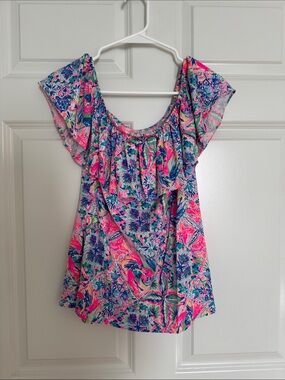 Lilly Pulitzer Pink & Blue Floral Off-Shoulder Ruffle Tunic